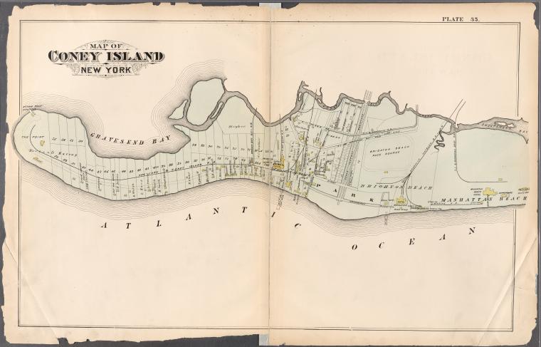 Map of Coney Island, New York, from Atlas of the entire city of Brooklyn, complete in one volume. From actual surveys and official records by G. W. Bromley & Co. 1880