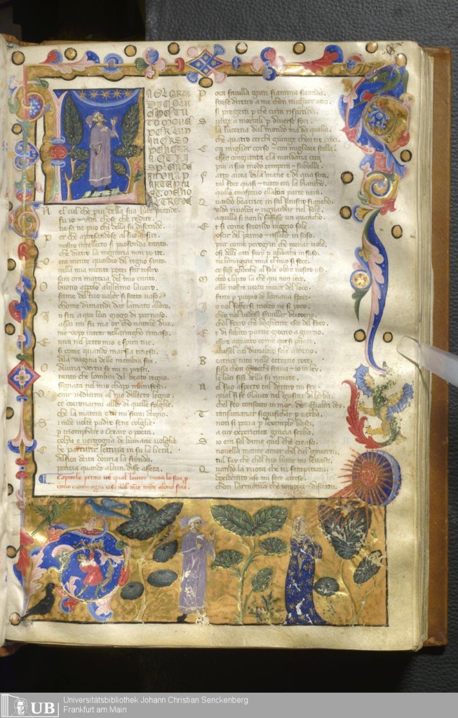 Page from the Divine Comedy. In the initial and on the lower border Dante is depicted. Below he looks at his early love Beatrice.