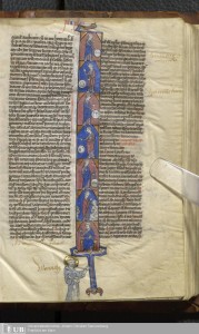Illuminated page from the Paris Bible. At the beginning of the book of Genesis seven separate scenes sre presented, the seven days of creation.