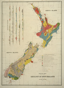 Sketch map of the geology of New Zealand by Dr. Hector, 1869, Sir George Grey Special Collections, Auckland Libraries, NZ Map 2600. No known copyright.